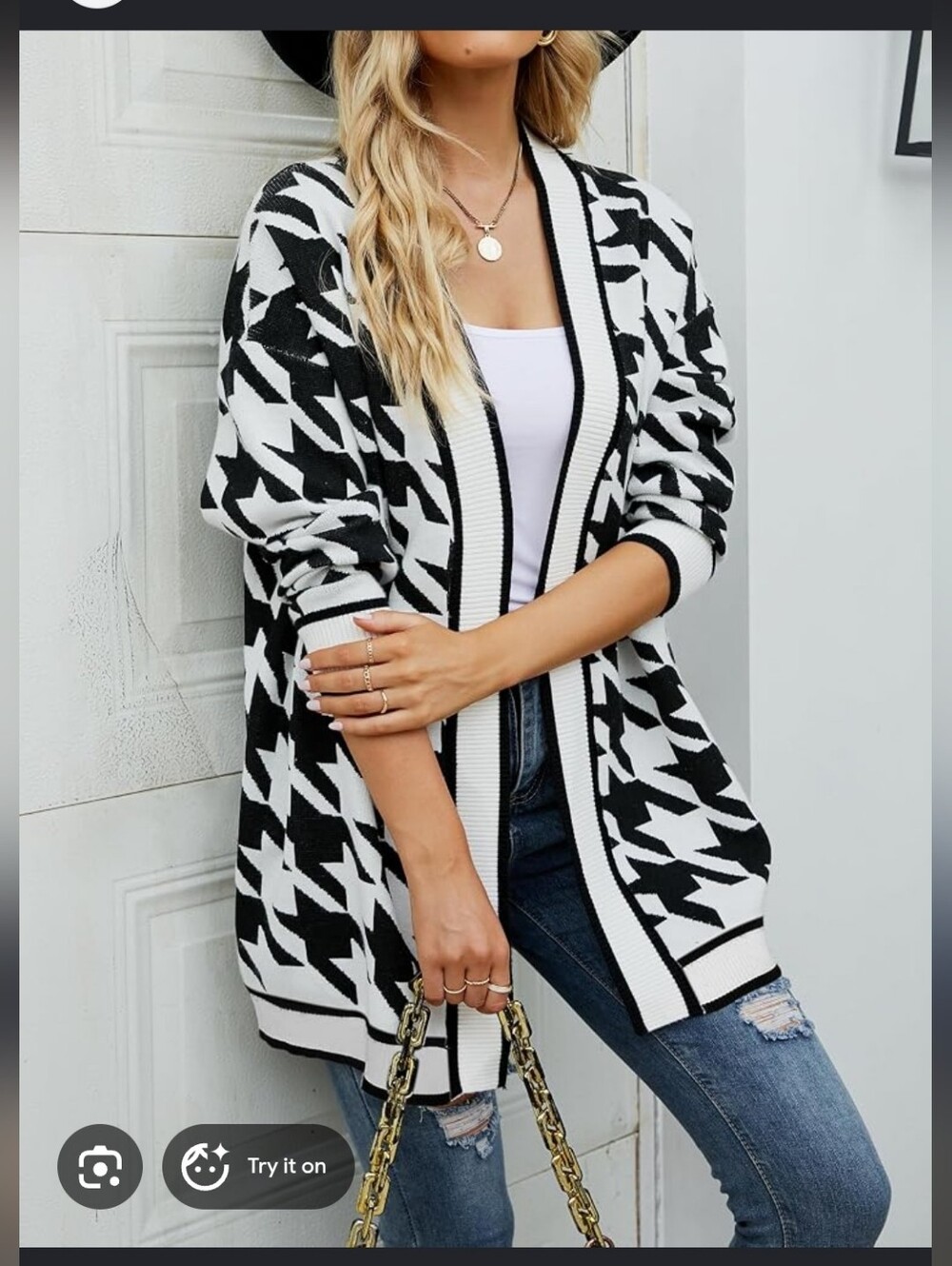 Blu Pepper Houndstooth Open-Front Cardigan Sweater - Black & White